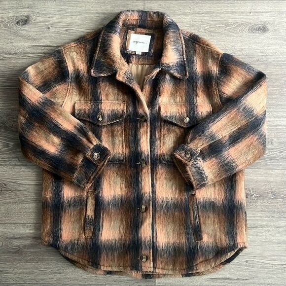 AMERICAN EAGLE Brushed Shacket Size XL Oversized Brown Navy Plaid Western Boho - Picture 1 of 11